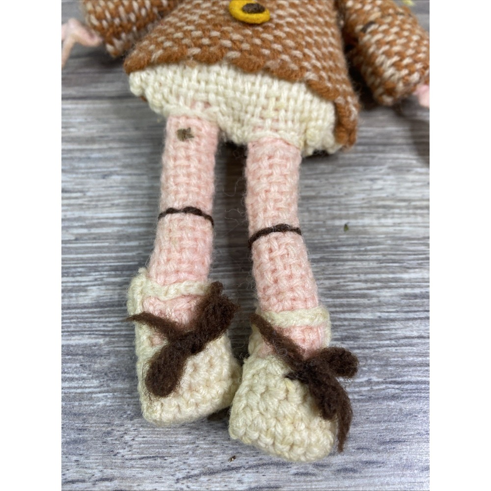 Unbranded Vintage Crochet Doll Girl Small Brown Blue Good Handmade Folk Art Toy - Picture 4 of 10